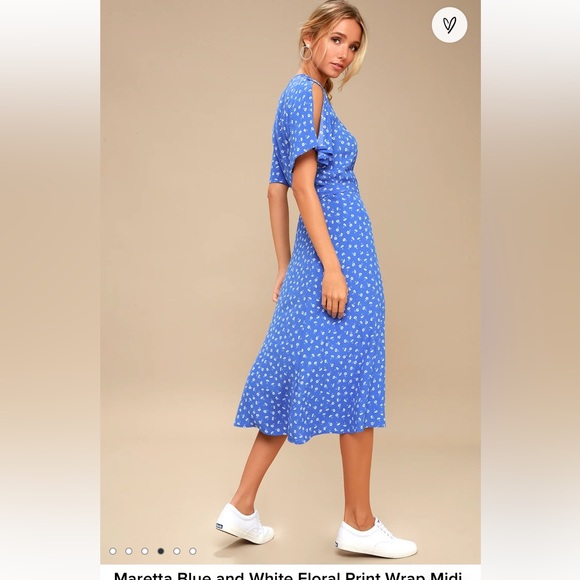 Maretta Blue and White Floral Print Wrap Midi Dress - Picture 4 of 6